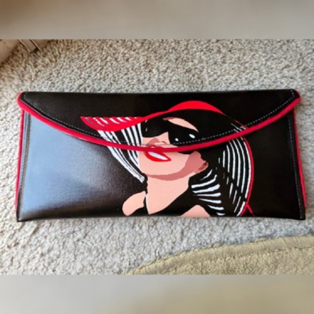 Black and Red Leather Clutch with Artistic Design